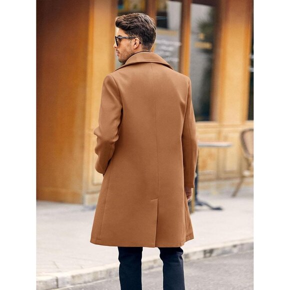 Men's Camel Double Breasted Trench Coat Collar Business Winter Long Coats - Picture 3 of 5